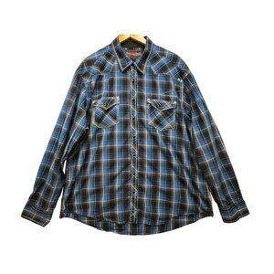 Rock & Roll Mens Cowboy Western Button Up Shirt Size XXL Blue Plaid Long Sleeve